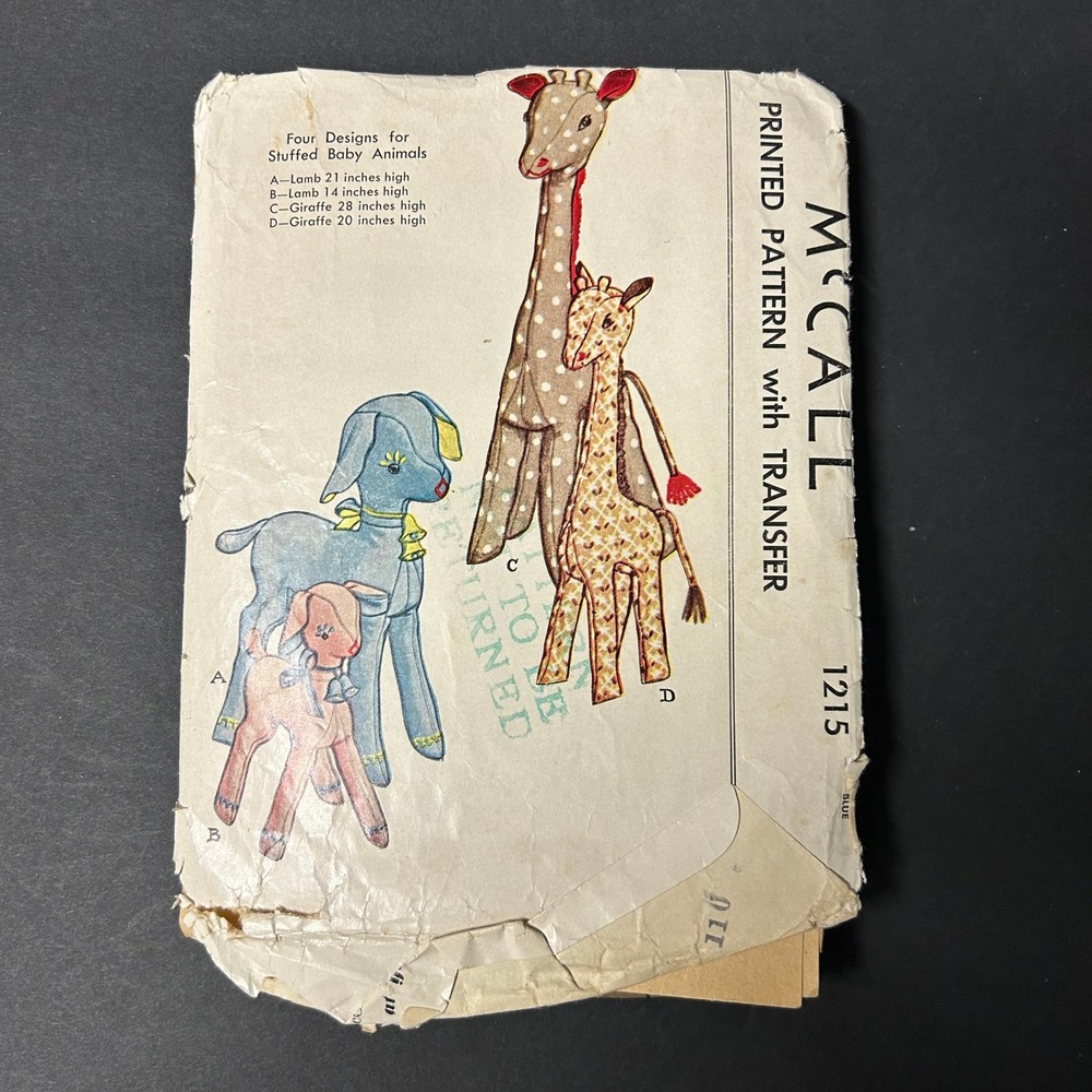 Vintage 1945 McCall Sewing Pattern 1215 Stuffed Baby Animals Lamb Giraffe